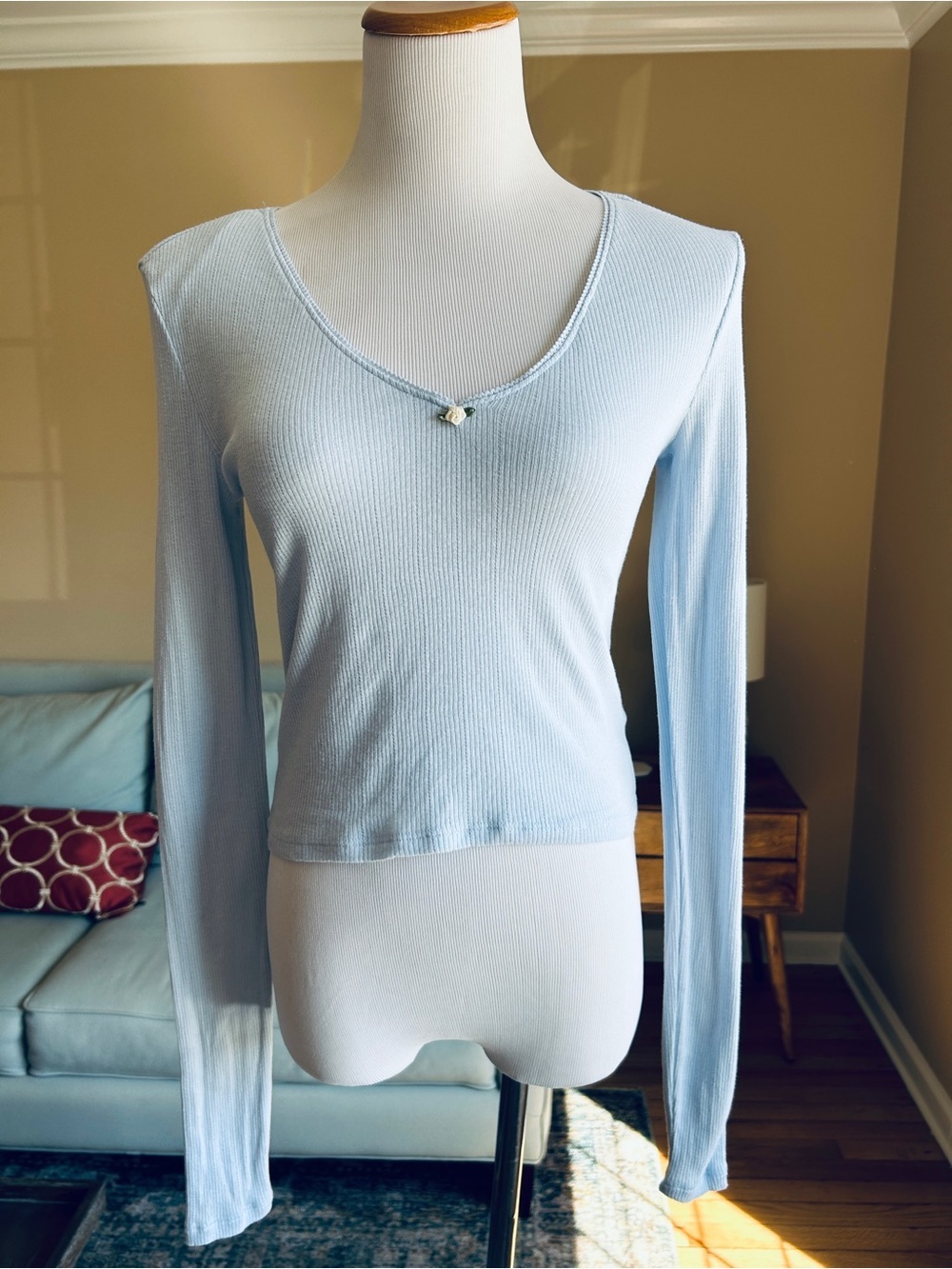 Abound Rosette Ribbed V-Neck Top Baby Blue Picot Lace Medium